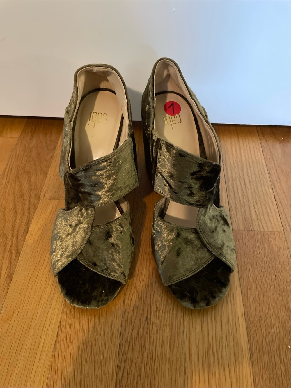 CAbi Olive Green Velvet Peep-Toe Heels